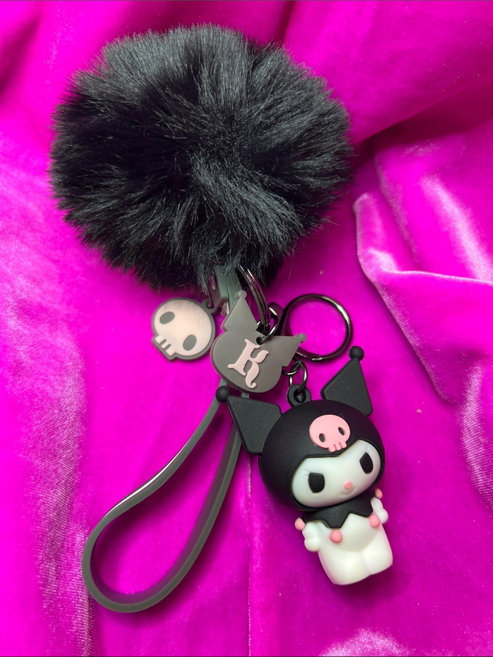 Kuromi Chunky Charm PomPom Wrist Strap Key Ring NWOT